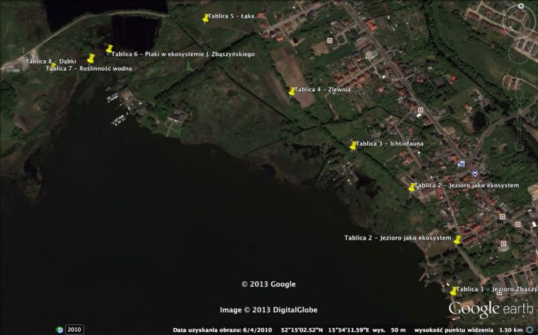 Mapa lokalizacji tablic informacyjnych brzegiem jeziora "Błędno"